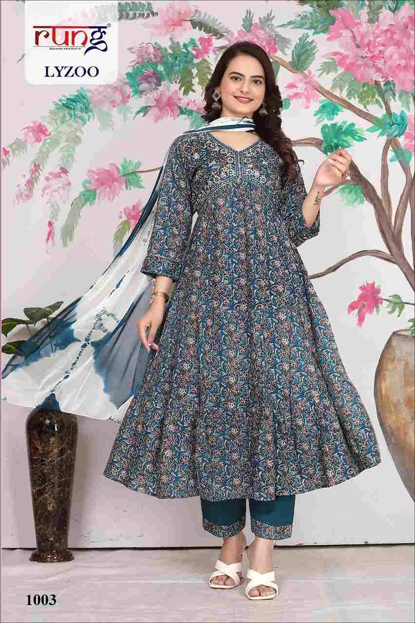 Lyzoo By Rung 1001 To 1006 Series Designer Festive Suits Beautiful Fancy Stylish Colorful Party Wear & Occasional Wear Rayon Foil Print Embroidered Dresses At Wholesale Price