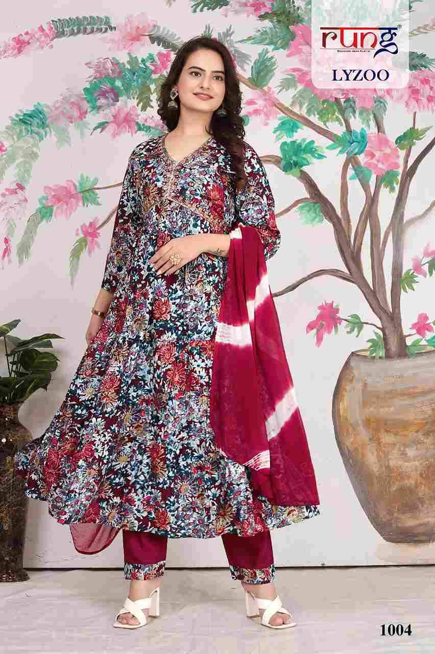 Lyzoo By Rung 1001 To 1006 Series Designer Festive Suits Beautiful Fancy Stylish Colorful Party Wear & Occasional Wear Rayon Foil Print Embroidered Dresses At Wholesale Price