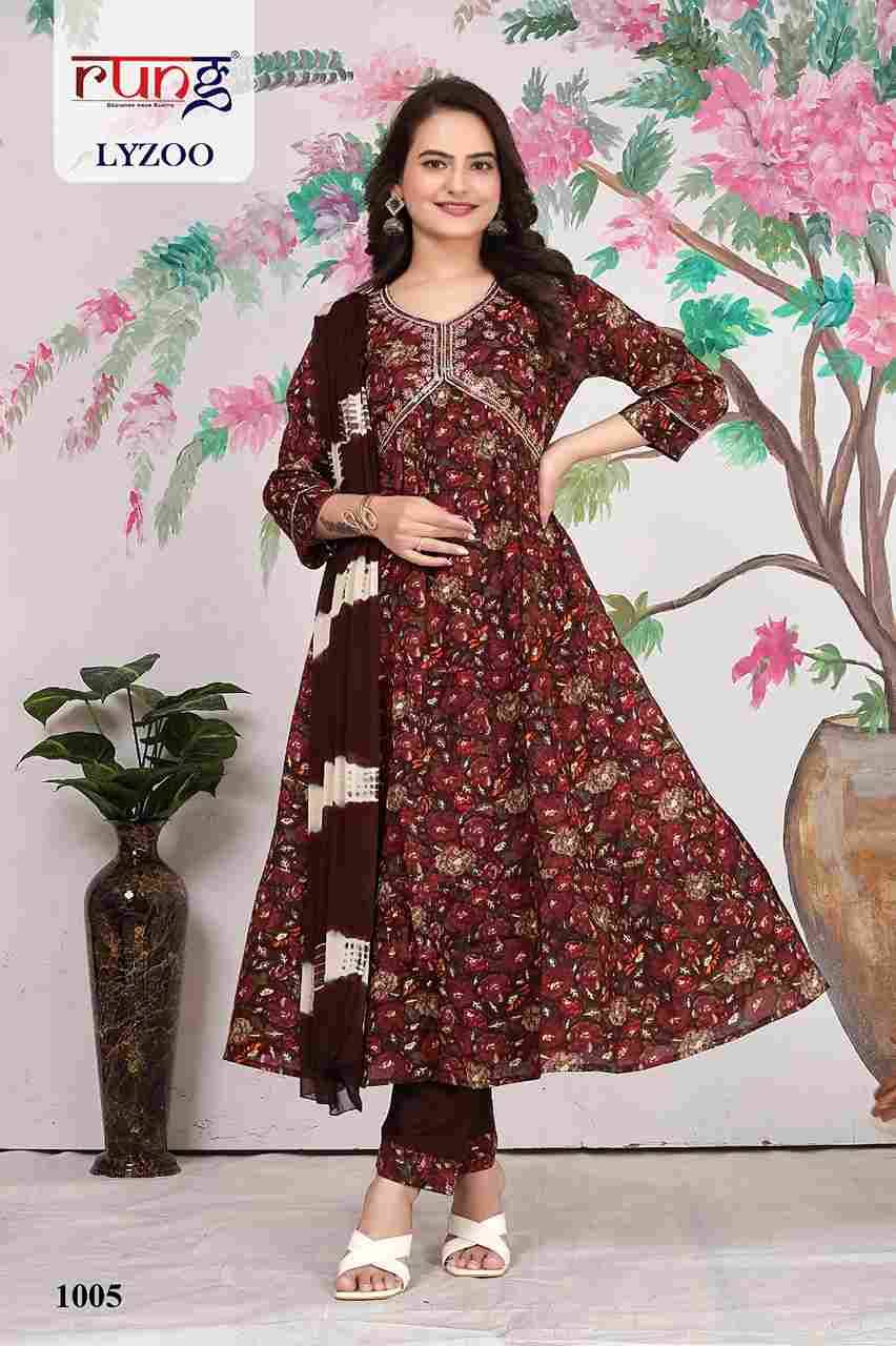 Lyzoo By Rung 1001 To 1006 Series Designer Festive Suits Beautiful Fancy Stylish Colorful Party Wear & Occasional Wear Rayon Foil Print Embroidered Dresses At Wholesale Price