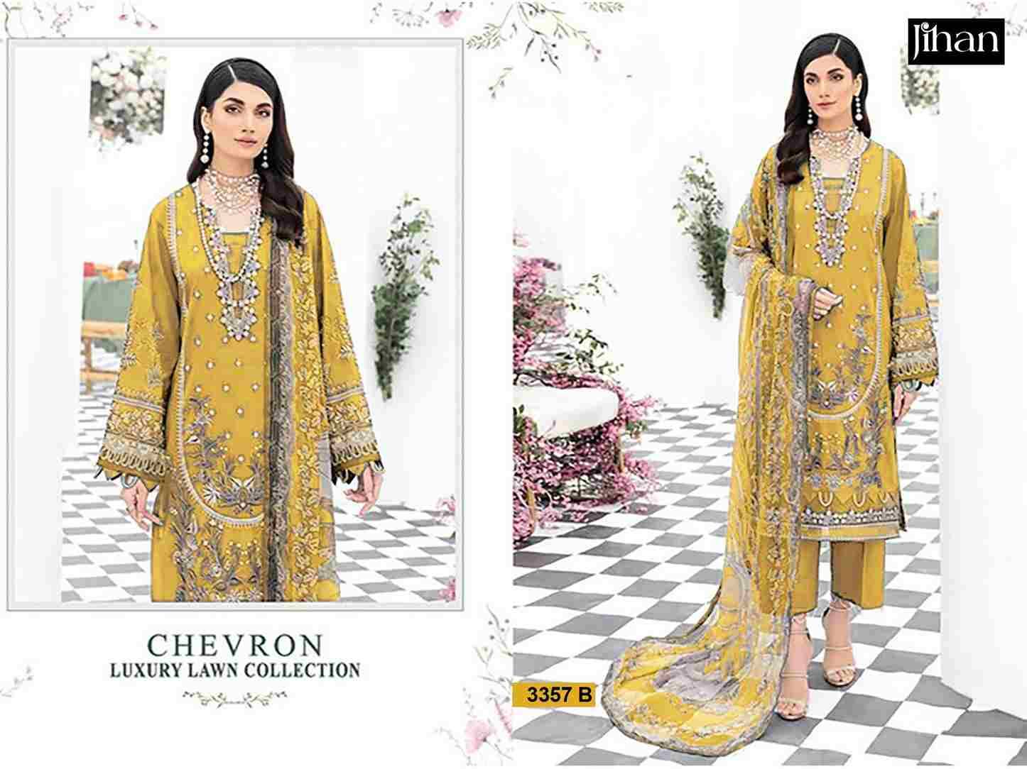 Chevron Luxury Lawn Collection By Jihan 3357 To 3357-B Series Beautiful Pakistani Suits Stylish Fancy Colorful Party Wear & Occasional Wear Pure Lawn Cotton Embroidered Dresses At Wholesale Price