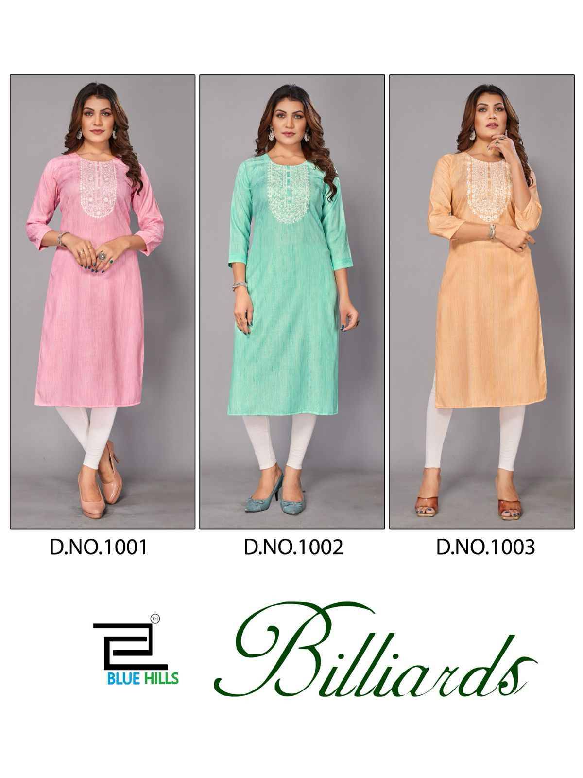 Billiards By Blue Hills 1001 To 1003 Series Designer Stylish Fancy Colorful Beautiful Party Wear & Ethnic Wear Collection Rayon Jacquard Kurtis At Wholesale Price