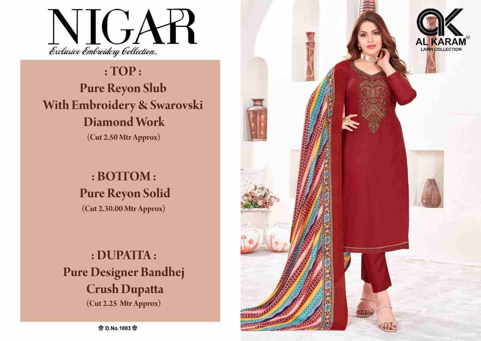 Nigar By Al Karam Lawn Collection 1001 To 1006 Series Beautiful Festive Suits Stylish Fancy Colorful Casual Wear & Ethnic Wear Pure Rayon Slub Dresses At Wholesale Price
