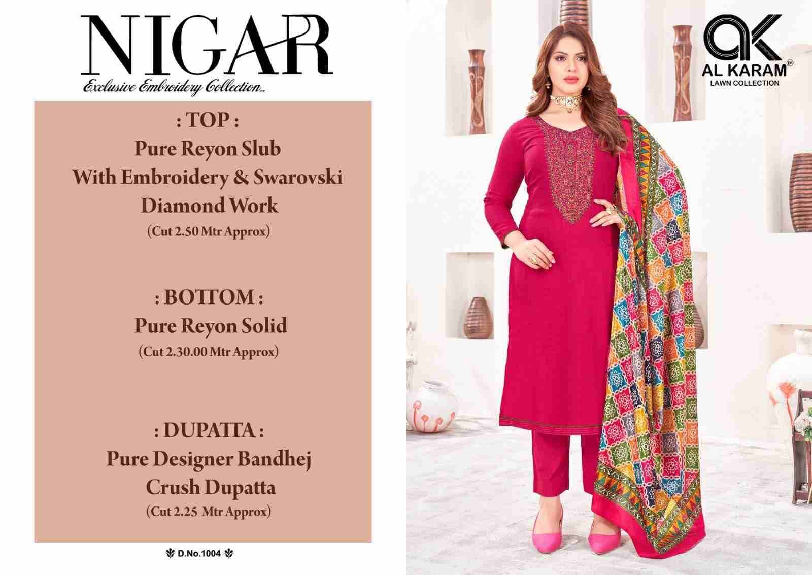 Nigar By Al Karam Lawn Collection 1001 To 1006 Series Beautiful Festive Suits Stylish Fancy Colorful Casual Wear & Ethnic Wear Pure Rayon Slub Dresses At Wholesale Price