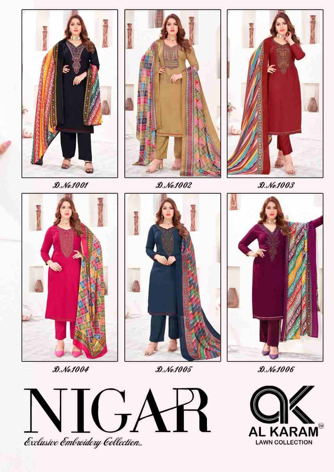 Nigar By Al Karam Lawn Collection 1001 To 1006 Series Beautiful Festive Suits Stylish Fancy Colorful Casual Wear & Ethnic Wear Pure Rayon Slub Dresses At Wholesale Price