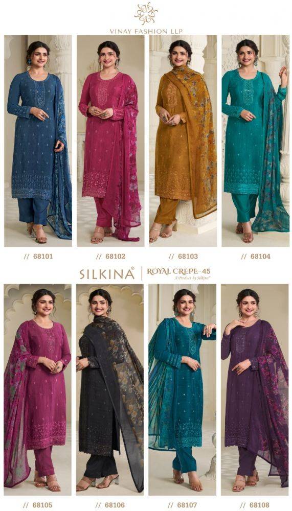 Royal Crepe Vol-45 By Vinay Fashion 68101 To 68108 Series Designer Festive Sharara Suits Collection Beautiful Stylish Fancy Colorful Party Wear & Occasional Wear Royal Crepe Dresses At Wholesale Price