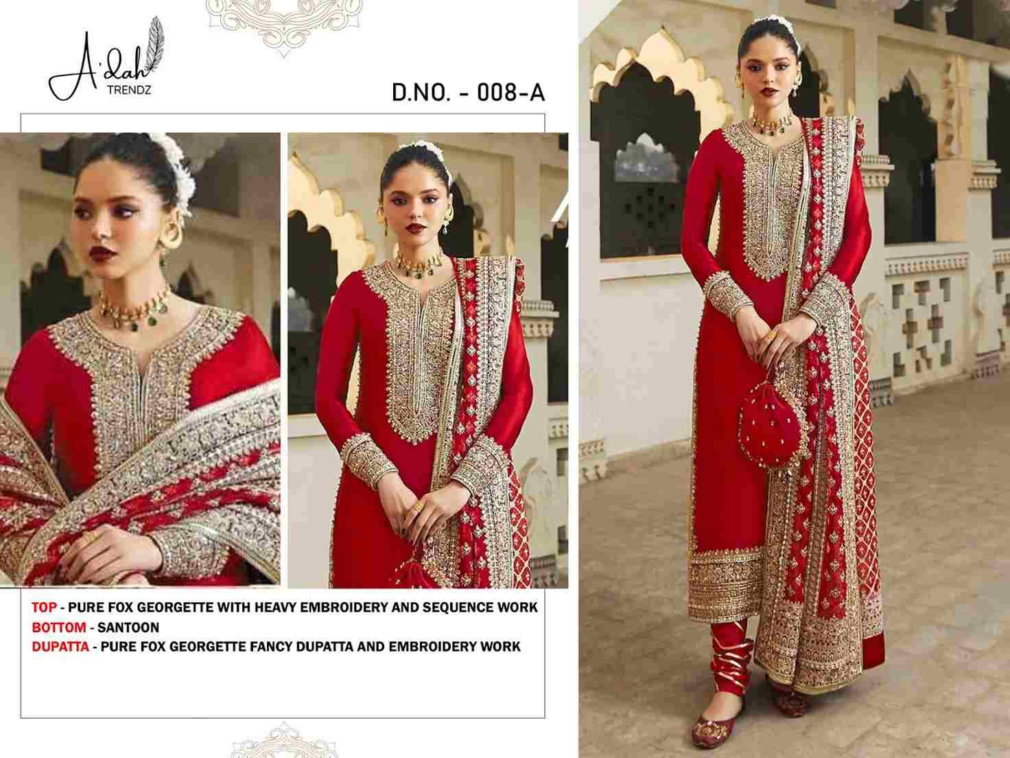 Adah Trendz 008 Colours By Adah Trendz 008-A To 008-D Series Designer Pakistani Suits Beautiful Stylish Fancy Colorful Party Wear & Occasional Wear Faux Georgette Dresses At Wholesale Price