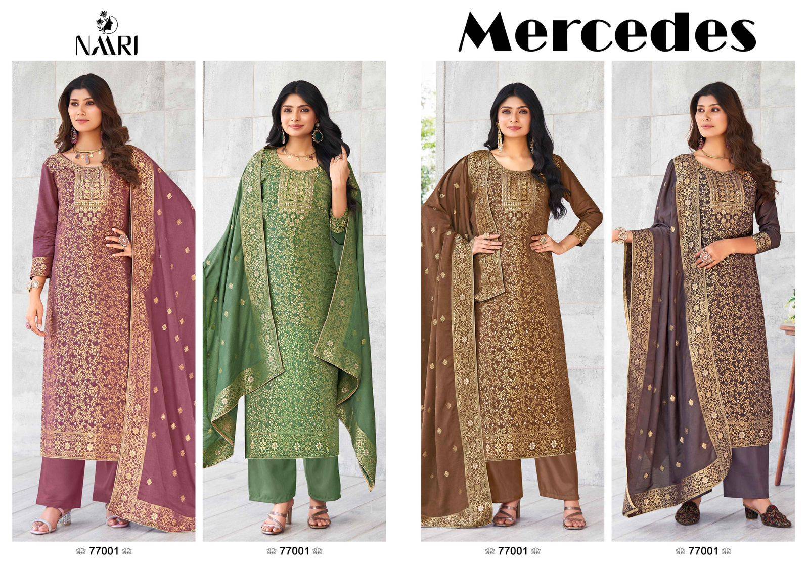 Mercedes By Naari 77001 To 77004 Series Beautiful Stylish Suits Fancy Colorful Casual Wear & Ethnic Wear & Ready To Wear Muslin Jacquard Dresses At Wholesale Price