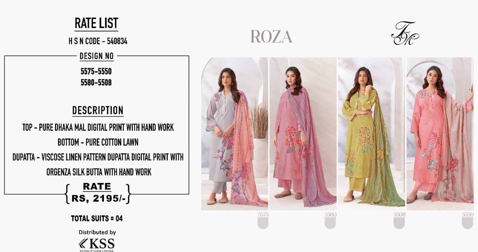 Roza By T And M Designer Studio Beautiful Festive Suits Colorful Stylish Fancy Casual Wear & Ethnic Wear Pure Dhaka Mal Print Dresses At Wholesale Price