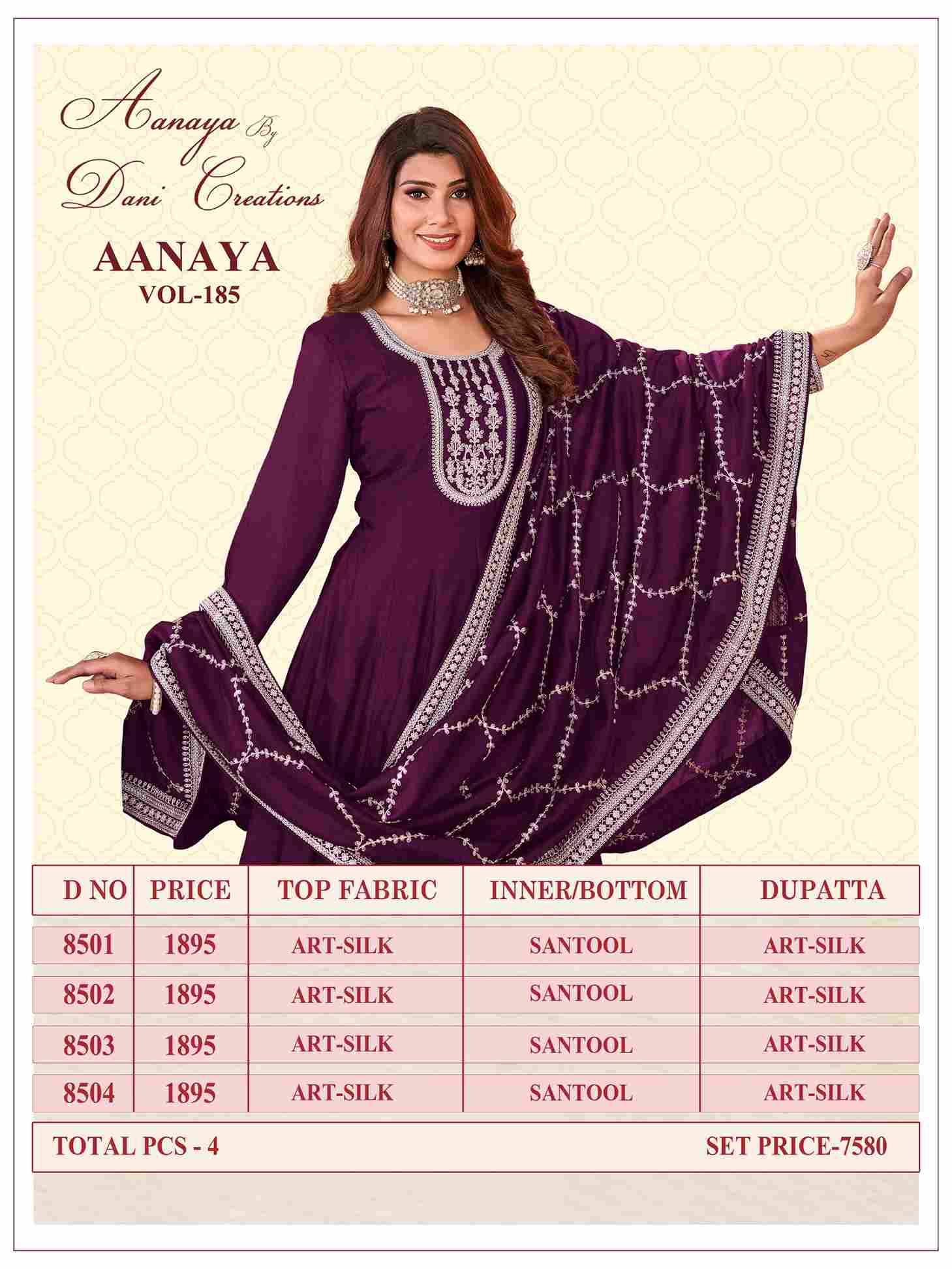 Aanaya Vol-185 By Twisha 8501 To 8504 Series Designer Anarkali Suits Collection Beautiful Stylish Fancy Colorful Party Wear & Occasional Wear Art Silk Dresses At Wholesale Price