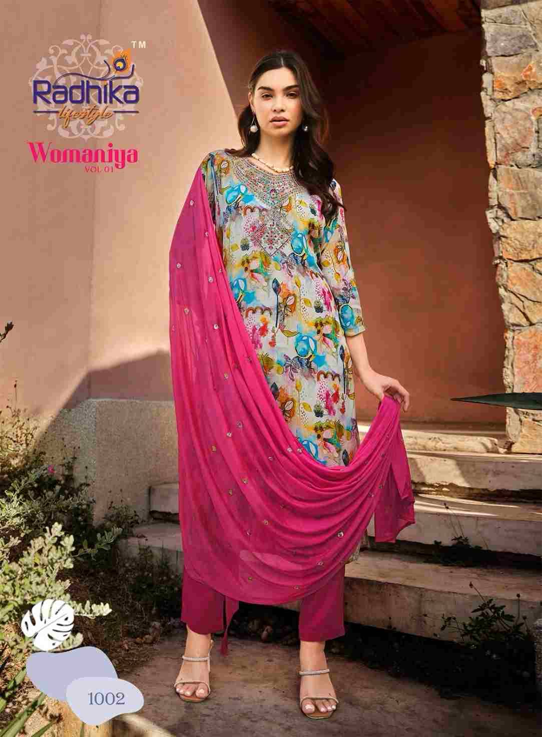 Womaniya Vol-1 By Radhika Lifestyle 1001 To 1006 Series Beautiful Festive Suits Colorful Stylish Fancy Casual Wear & Ethnic Wear Pure Chinnon Dresses At Wholesale Price
