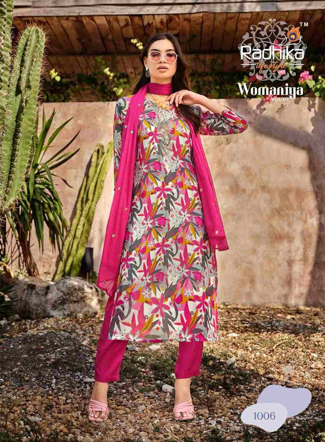 Womaniya Vol-1 By Radhika Lifestyle 1001 To 1006 Series Beautiful Festive Suits Colorful Stylish Fancy Casual Wear & Ethnic Wear Pure Chinnon Dresses At Wholesale Price