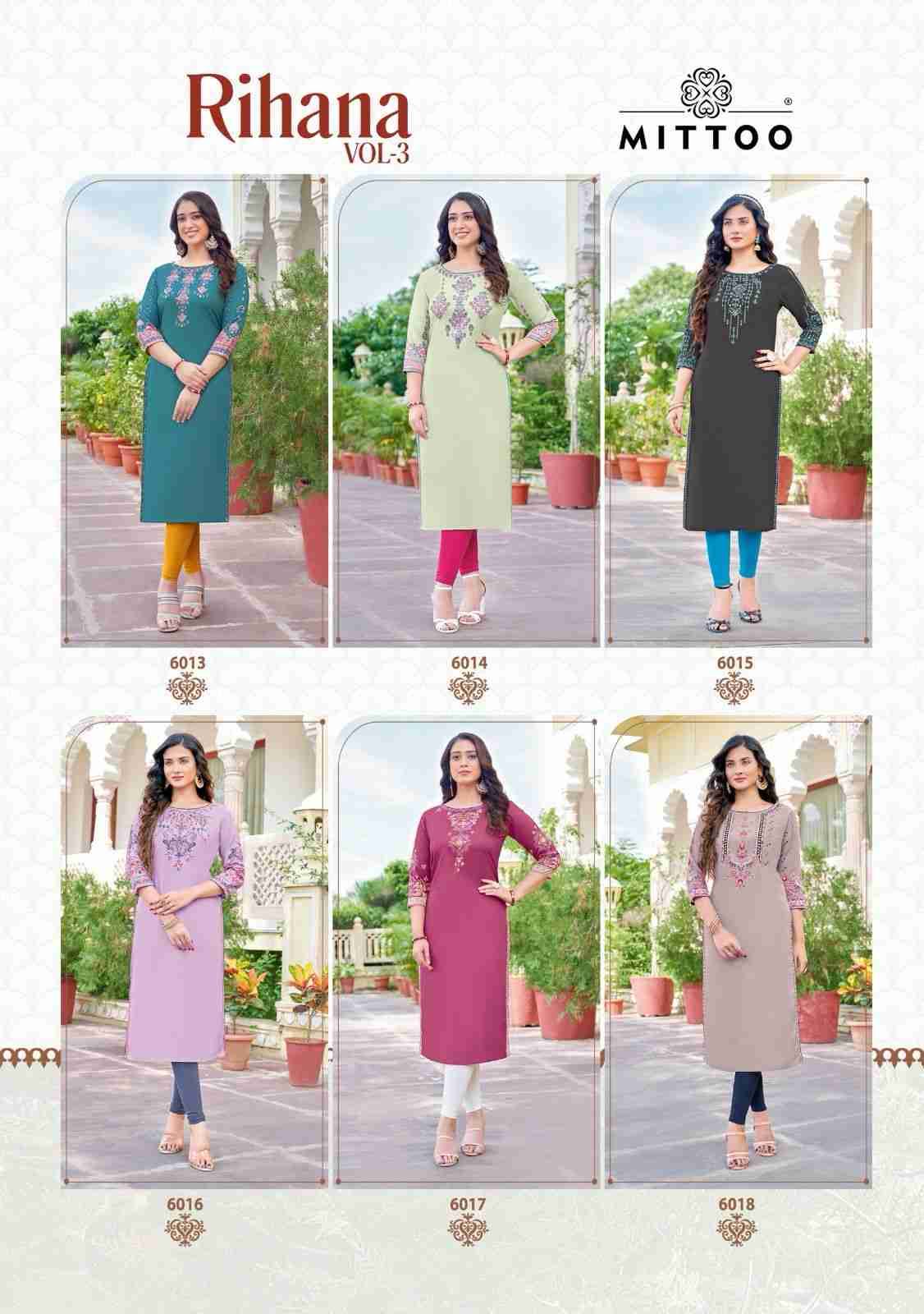 Rihana Vol-3 By Mittoo 6013 To 6018 Series Designer Stylish Fancy Colorful Beautiful Party Wear & Ethnic Wear Collection Rayon With Work Kurtis At Wholesale Price