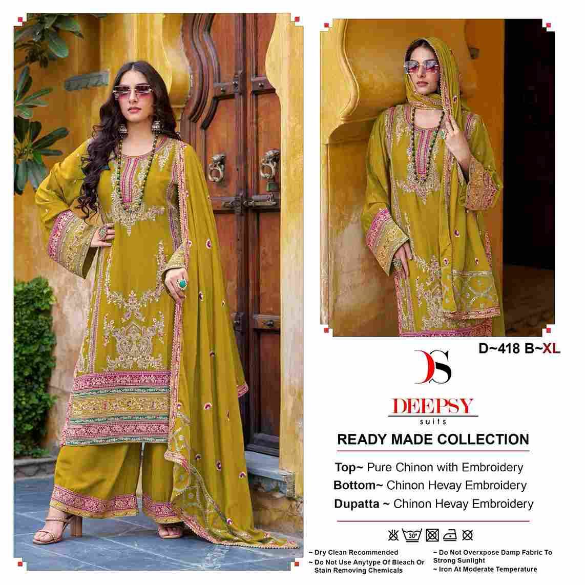 Deepsy Hit Design 418 Colours By Deepsy Suits 418-A To 418-C Series Designer Pakistani Suits Beautiful Stylish Fancy Colorful Party Wear & Occasional Wear Pure Chinnon Dresses At Wholesale Price