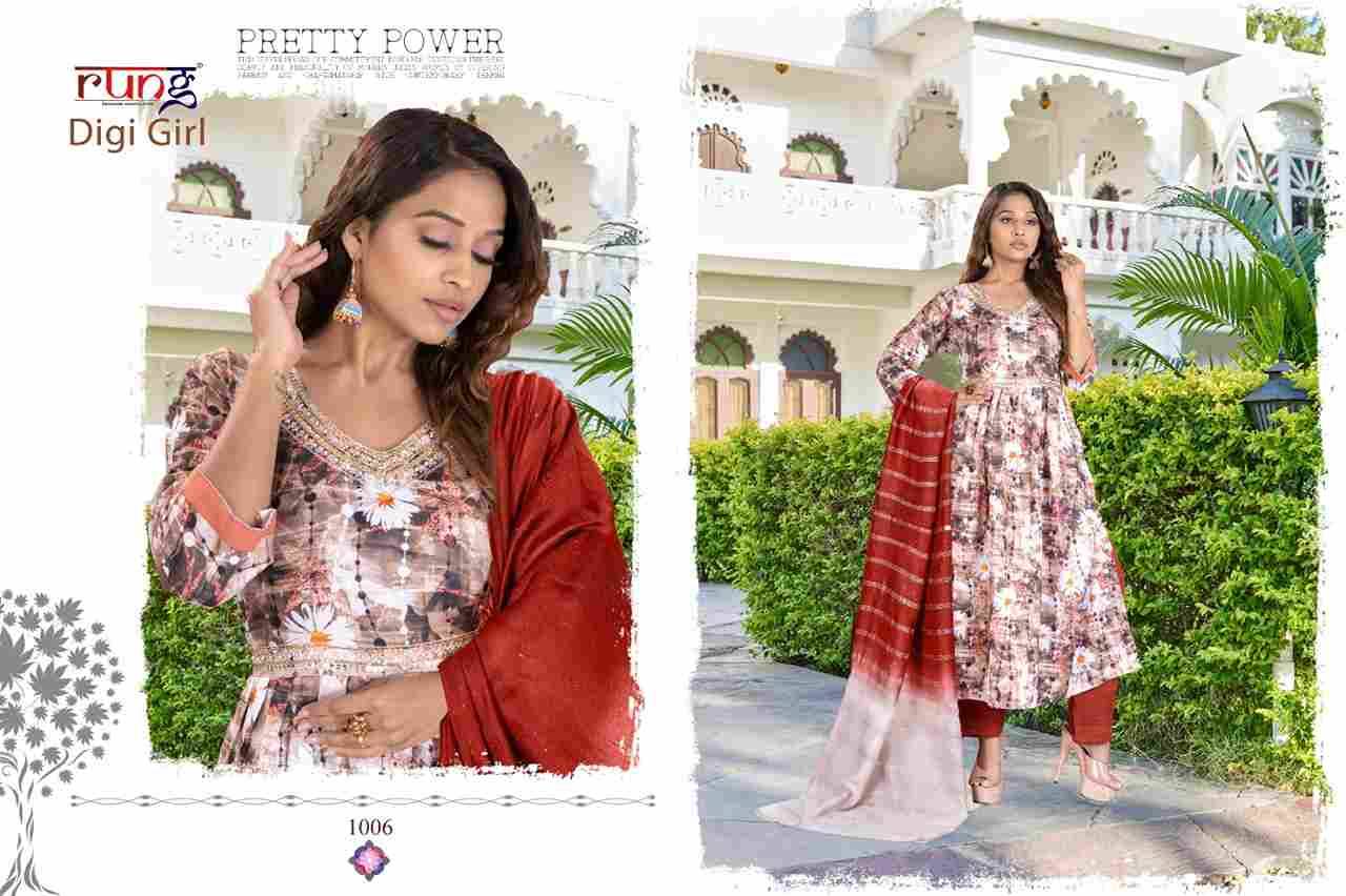 Digi Girl By Rung 1001 To 1006 Series Beautiful Stylish Festive Suits Fancy Colorful Casual Wear & Ethnic Wear & Ready To Wear Rayon Dresses At Wholesale Price