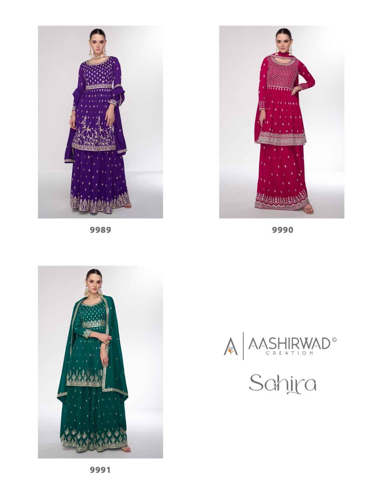 Sahira By Aashirwad Creation 9989 To 9991 Series Beautiful Sharara Suits Colorful Stylish Fancy Casual Wear & Ethnic Wear Premium Silk Dresses At Wholesale Price