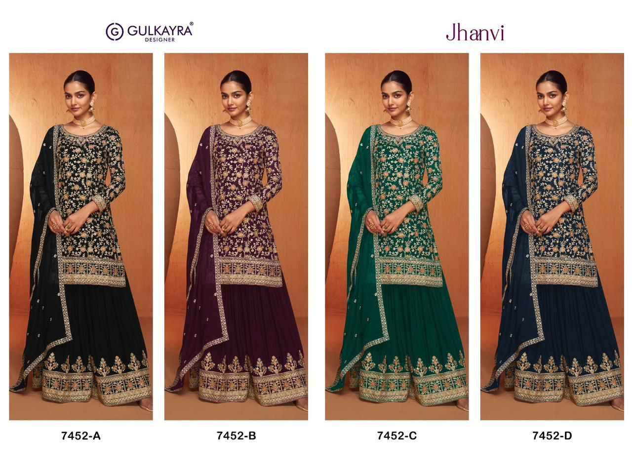 Jhanvi By Gulkayra Designer 7452-A To 7452-D Series Beautiful Sharara Suits Colorful Stylish Fancy Casual Wear & Ethnic Wear Chinnon Dresses At Wholesale Price