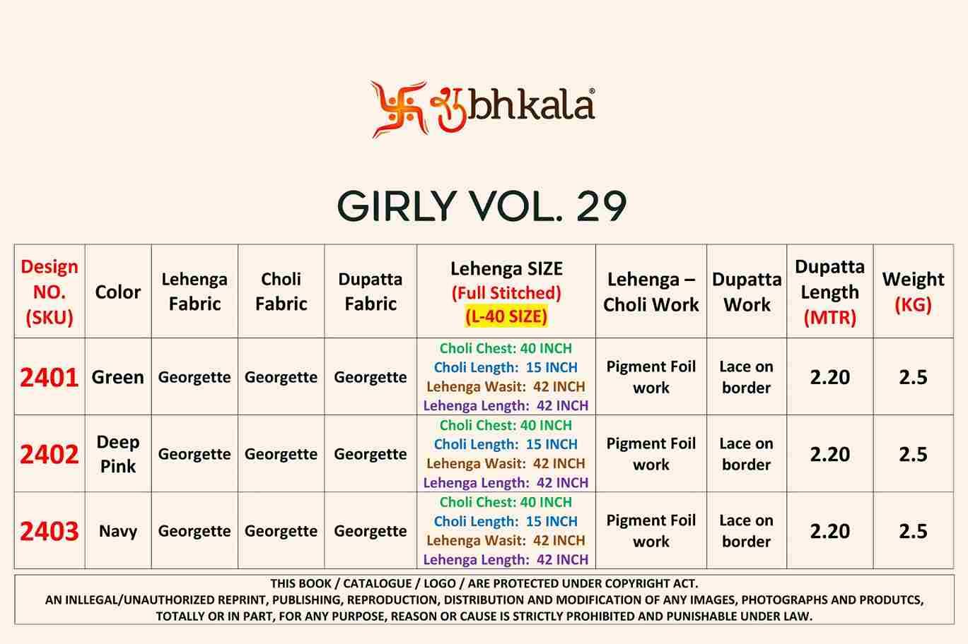 Girly Vol-29 By Shubhkala 2401 To 2403 Series Bridal Wear Collection Beautiful Stylish Colorful Fancy Party Wear & Occasional Wear Georgette Lehengas At Wholesale Price