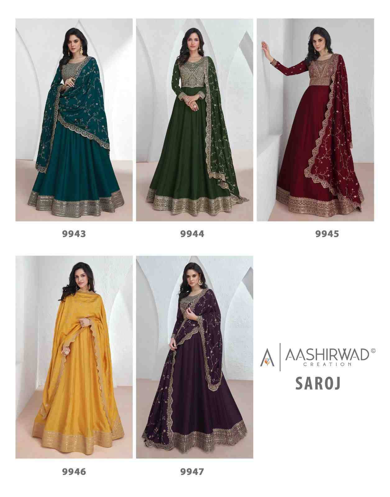 Saroj By Aashirwad Creation 9943 To 9947 Series Designer Stylish Fancy Colorful Beautiful Party Wear & Ethnic Wear Collection Premium Silk Gowns With Bottom At Wholesale Price