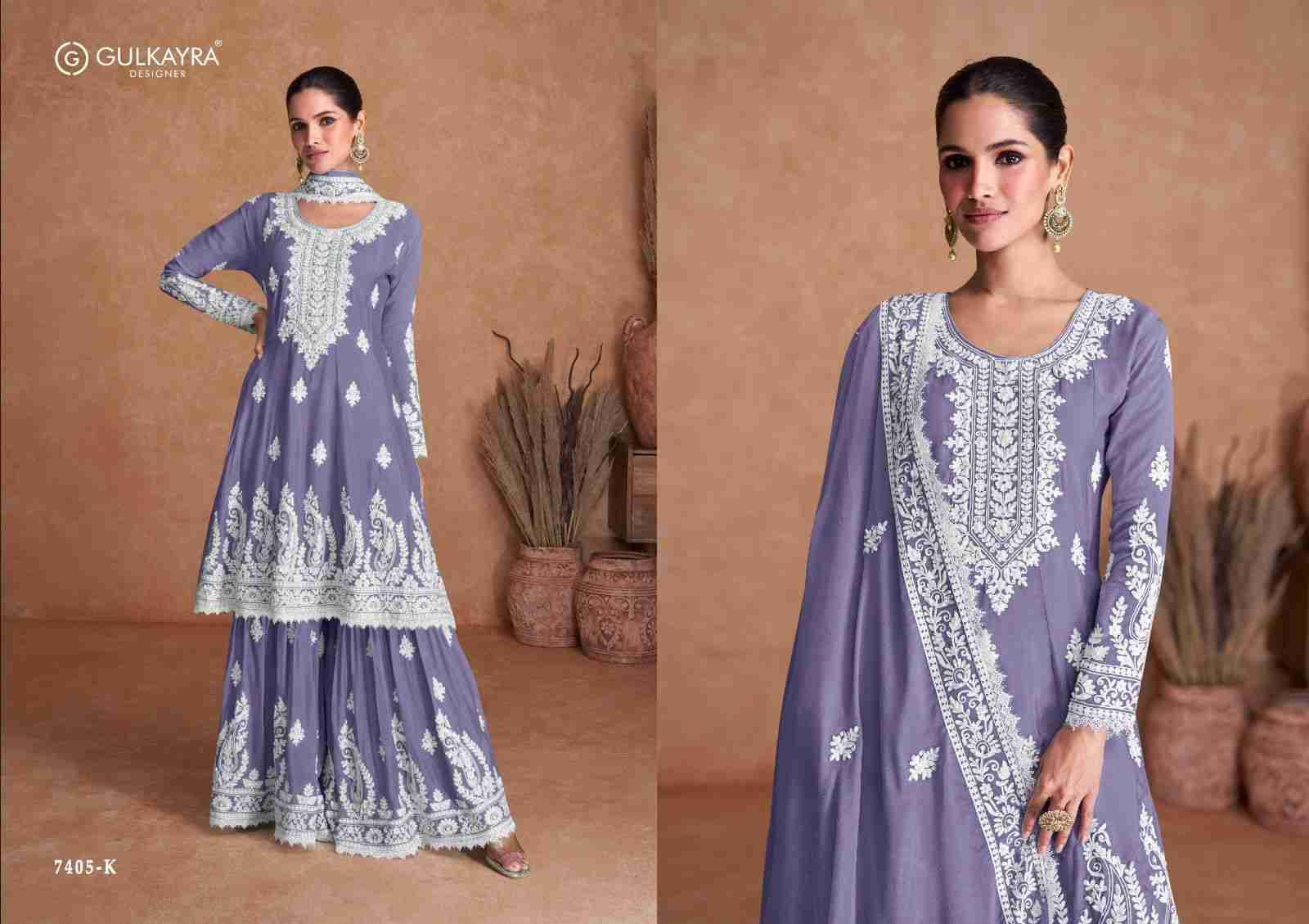 Vamika New Color By Gulkayra Designer 7405-K To 7405-N Series Beautiful Sharara Suits Colorful Stylish Fancy Casual Wear & Ethnic Wear Chinnon Embroidered Dresses At Wholesale Price