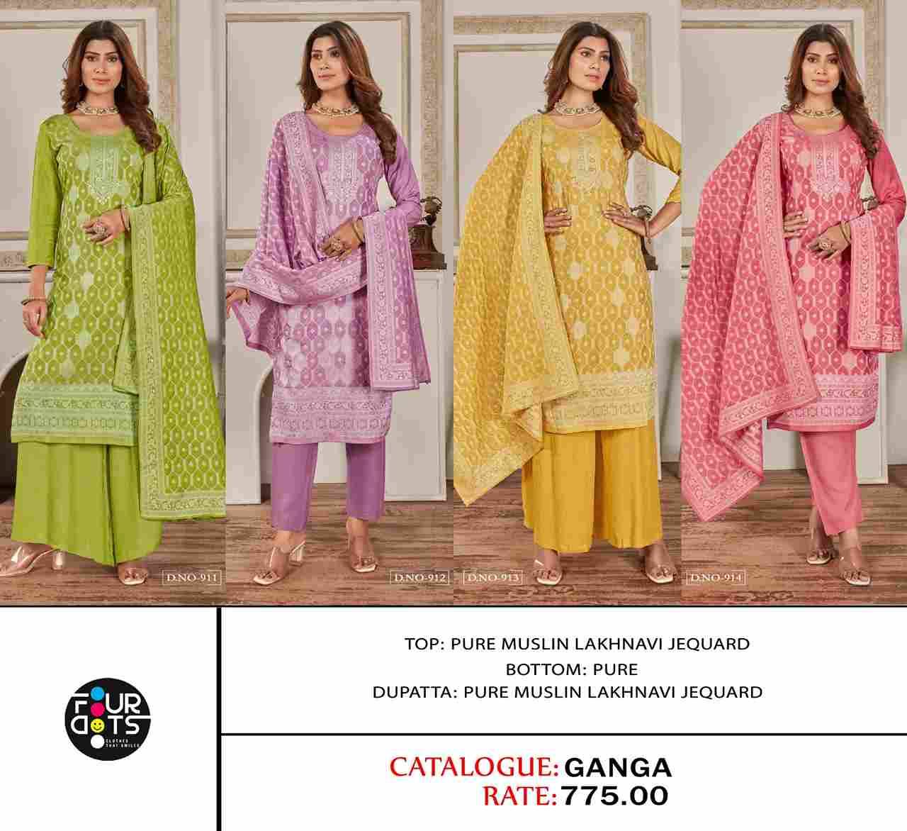 Ganga By Four Dots 911 To 914 Series Beautiful Festive Suits Colorful Stylish Fancy Casual Wear & Ethnic Wear Pure Muslin Jacquard Dresses At Wholesale Price
