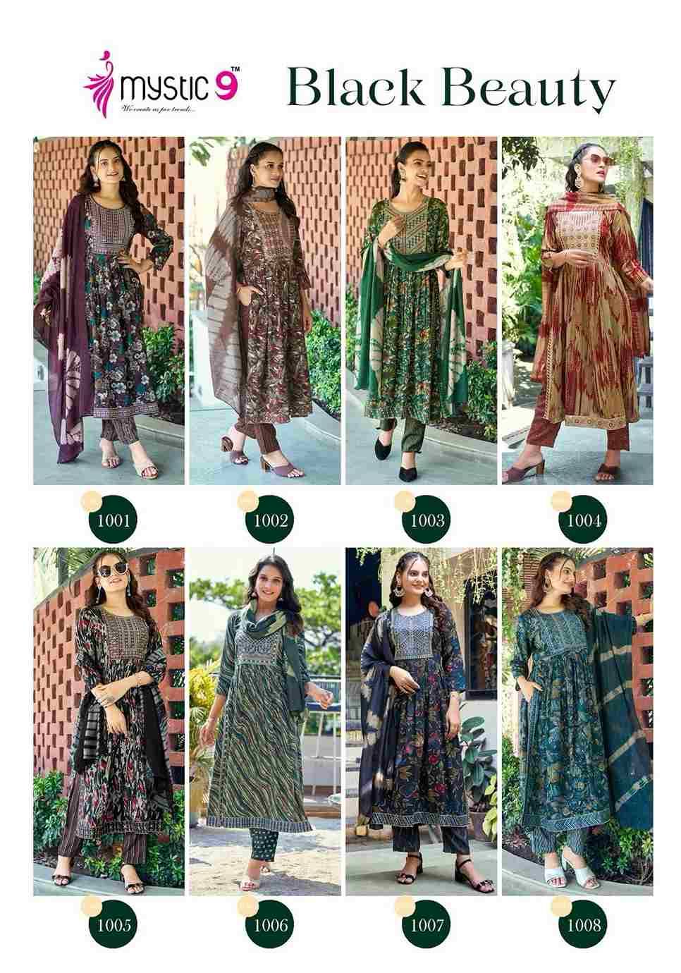 Black Beauty By Mystic 9 1001 To 1008 Series Beautiful Suits Colorful Stylish Fancy Casual Wear & Ethnic Wear Rayon Foil Print Dresses At Wholesale Price