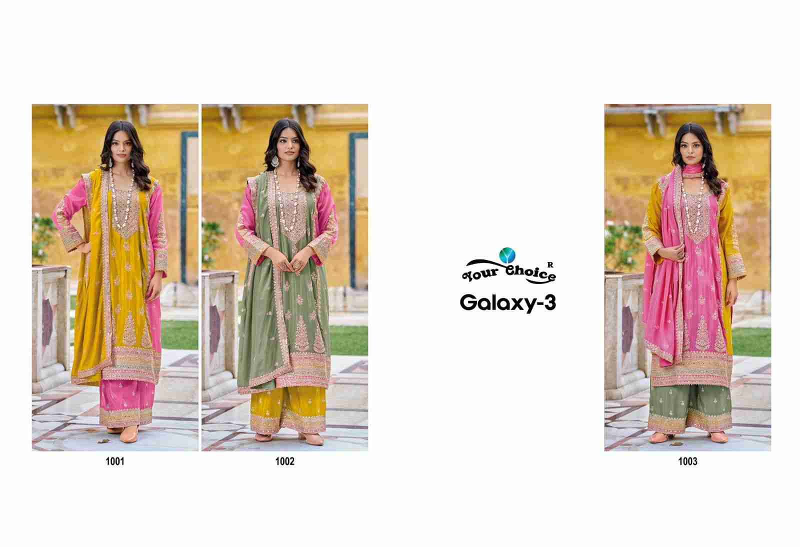 Galaxy Vol-3 By Your Choice 1001 To 1003 Series Beautiful Stylish Festive Suits Fancy Colorful Casual Wear & Ethnic Wear & Ready To Wear Pure Chinnon Embroidered Dresses At Wholesale Price