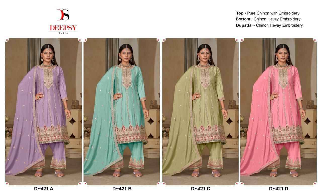 Deepsy Hit Design 421 Colours By Deepsy Suits 421-A To 421-D Series Designer Pakistani Suits Beautiful Stylish Fancy Colorful Party Wear & Occasional Wear Pure Chinnon Dresses At Wholesale Price
