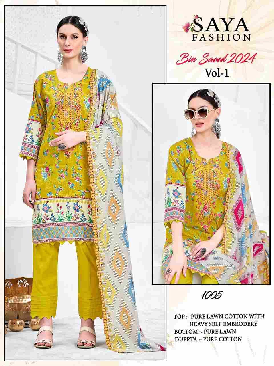 Bin Saeed-2024 Vol-1 By Saya Fashion 1001 To 1004 Series Designer Pakistani Suits Beautiful Stylish Fancy Colorful Party Wear & Occasional Wear Pure Lawn Cotton Print Dresses At Wholesale Price