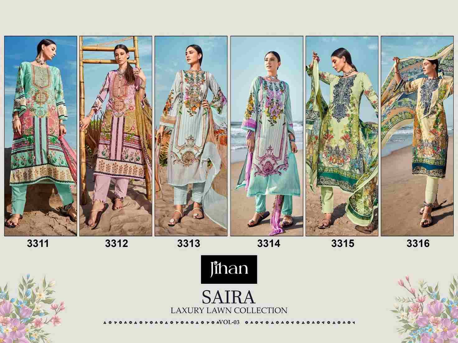 Saira Luxury Lawn Collection Vol-3 By Jihan 3311 To 3316 Series Designer Pakistani Suits Beautiful Stylish Fancy Colorful Party Wear & Occasional Wear Pure Cotton Lawn Dresses At Wholesale Price