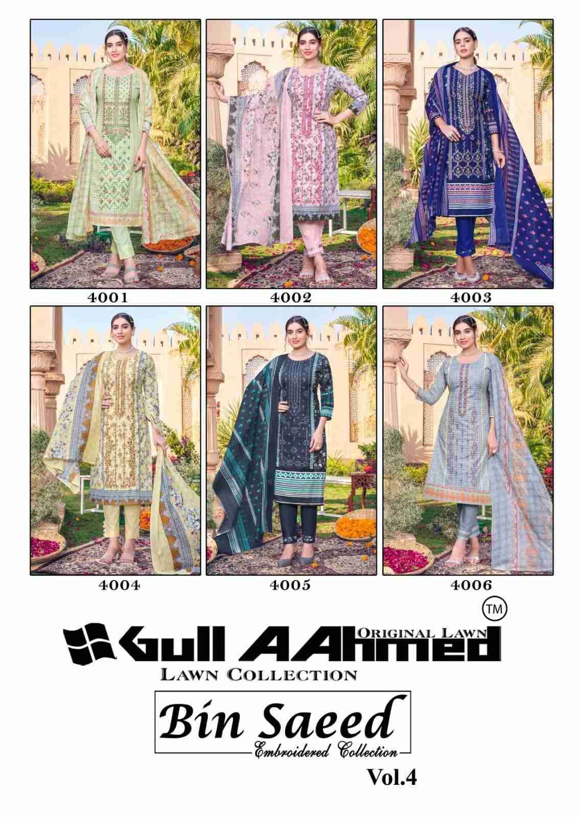 Bin Saeed Vol-4 By Gull Aahmed 4001 To 4006 Series Beautiful Festive Suits Colorful Stylish Fancy Casual Wear & Ethnic Wear Pure Lawn Dresses At Wholesale Price