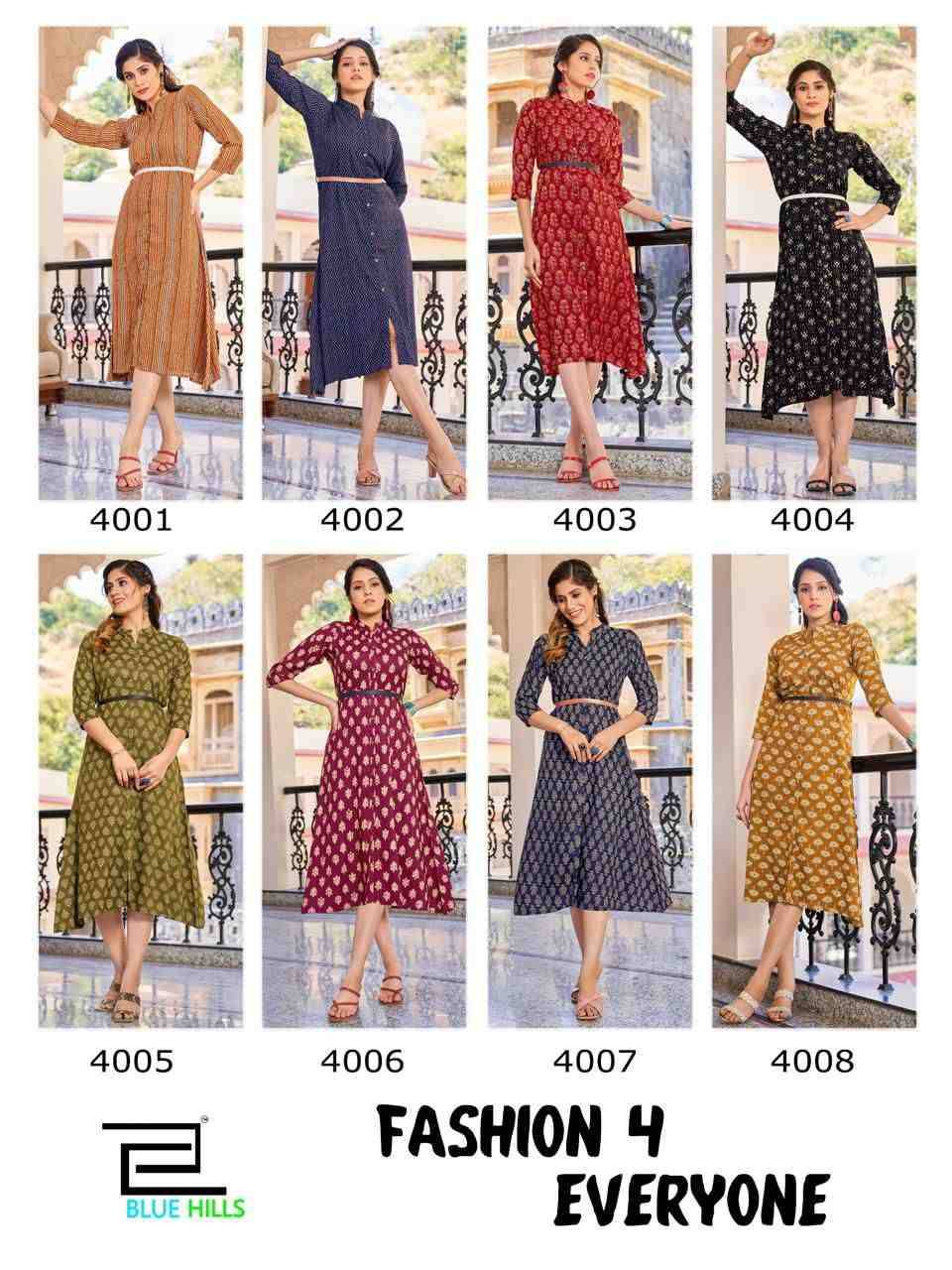 Fashion 4 Everyone By Blue Hills 4001 To 4008 Series Designer Stylish Fancy Colorful Beautiful Party Wear & Ethnic Wear Collection Rayon Print Kurtis At Wholesale Price