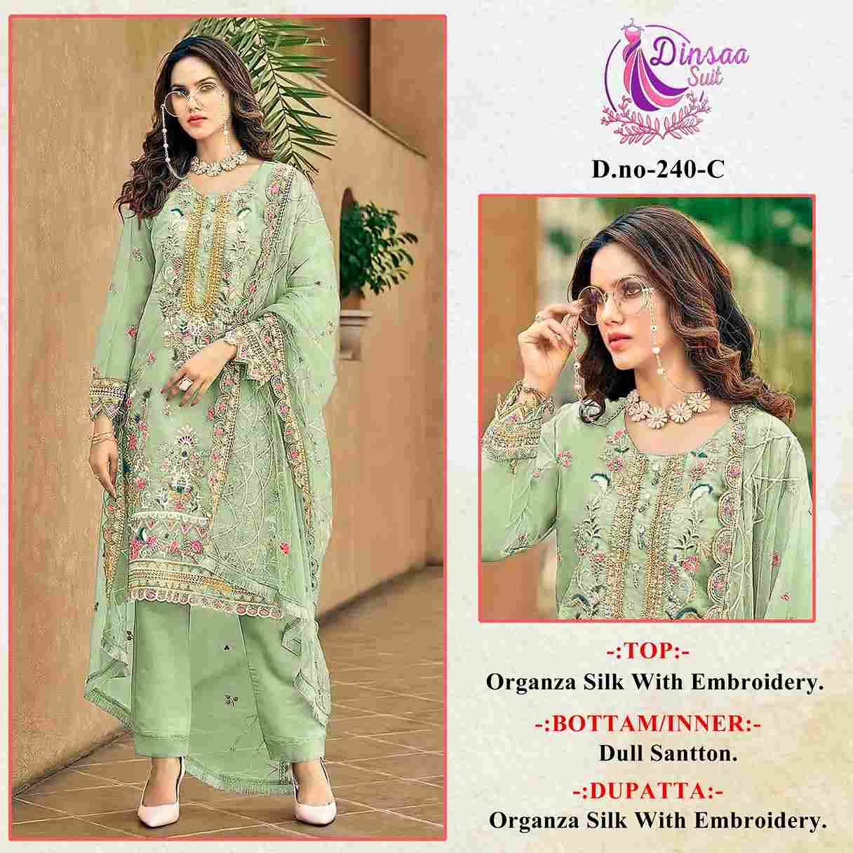 Dinsaa Hit Design 240 Colours By Dinsaa Suits 240-A To 240-D Series Beautiful Pakistani Suits Colorful Stylish Fancy Casual Wear & Ethnic Wear Pure Organza Silk Embroidered Dresses At Wholesale Price