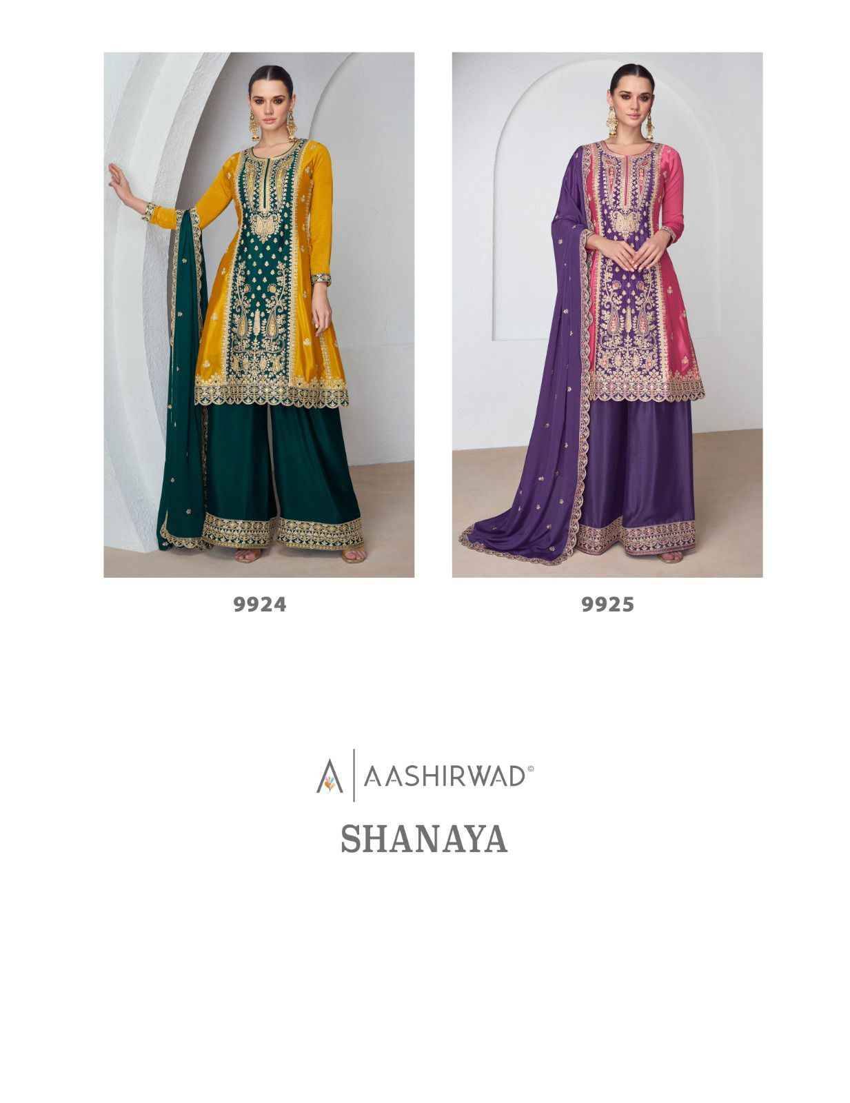 Shanaya By Aashirwad Creation 9924 To 9925 Series Designer Festive Suits Beautiful Fancy Colorful Stylish Party Wear & Occasional Wear Chinnon Silk Embroidered Dresses At Wholesale Price