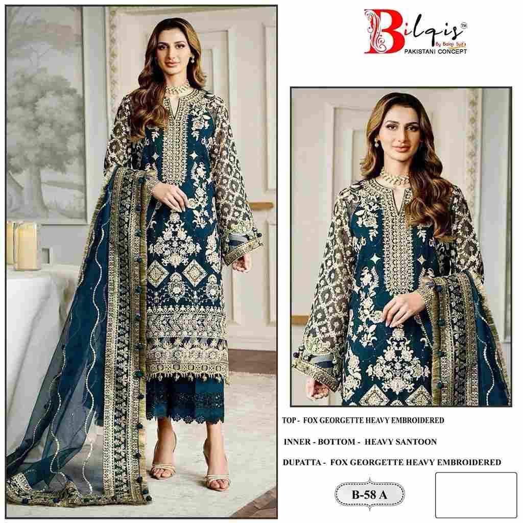 Bilqis 58 Colours By Bilqis 58-A To 58-D Series Beautiful Pakistani Suits Stylish Fancy Colorful Party Wear & Occasional Wear Faux Georgette Embroidery Dresses At Wholesale Price