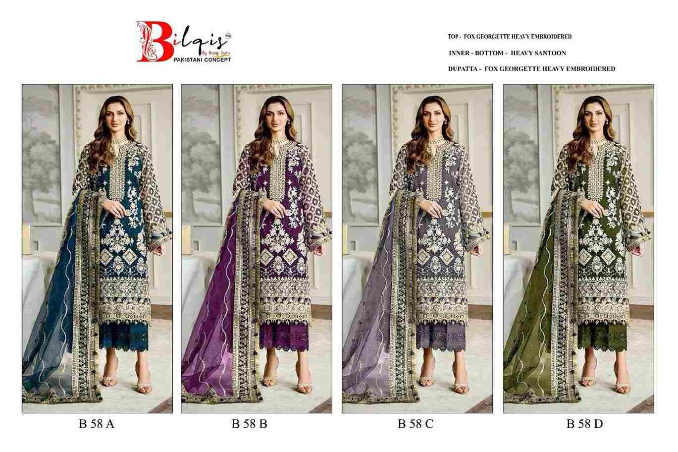 Bilqis 58 Colours By Bilqis 58-A To 58-D Series Beautiful Pakistani Suits Stylish Fancy Colorful Party Wear & Occasional Wear Faux Georgette Embroidery Dresses At Wholesale Price