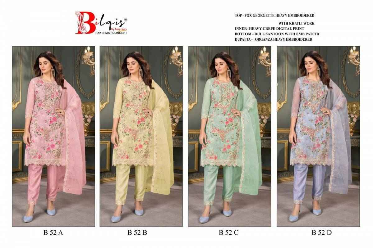 Bilqis 52 Colours By Bilqis 52-A To 52-D Series Beautiful Pakistani Suits Stylish Fancy Colorful Party Wear & Occasional Wear Faux Georgette Embroidery Dresses At Wholesale Price