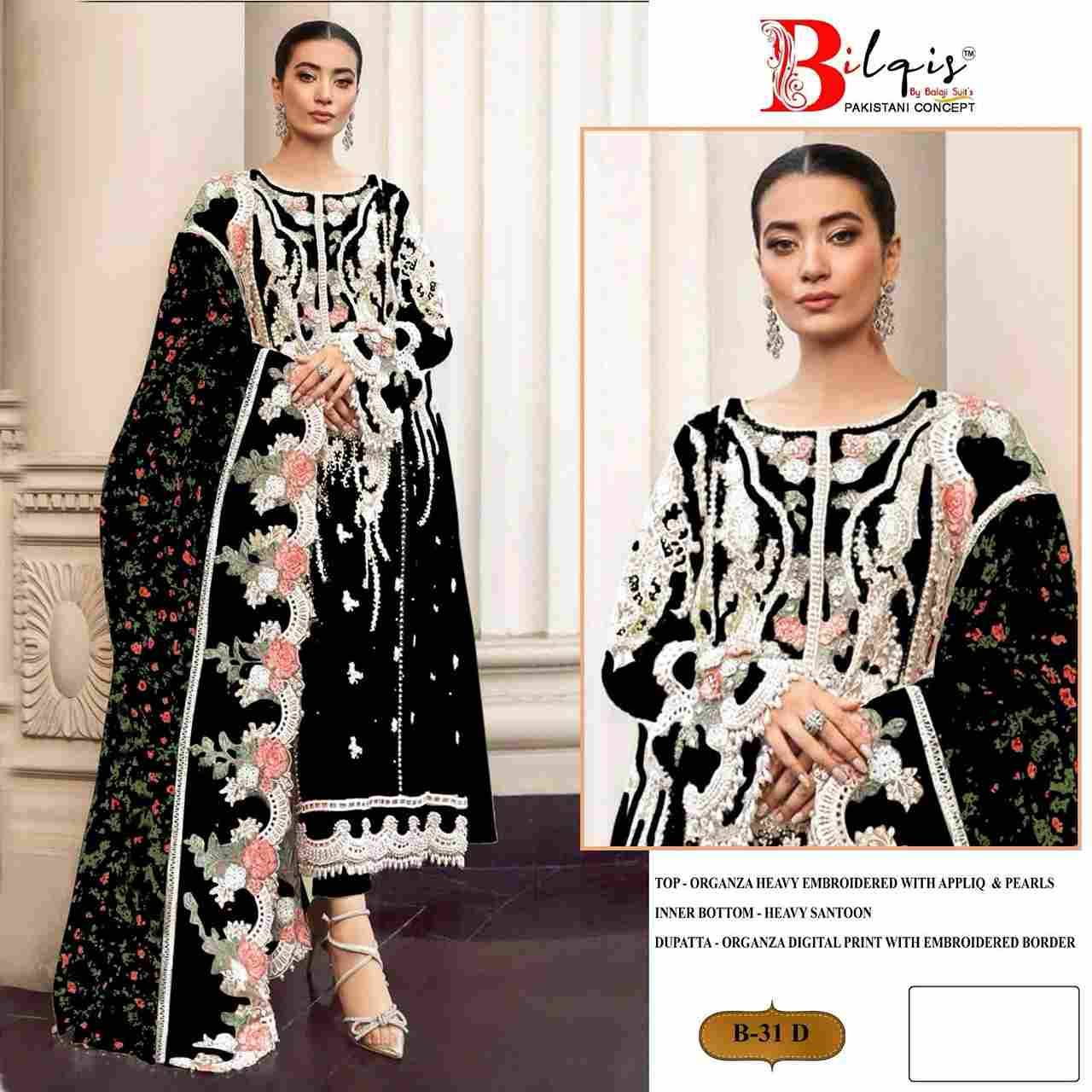 Bilqis 31 Colours By Bilqis 31-A To 31-D Series Beautiful Pakistani Suits Stylish Fancy Colorful Party Wear & Occasional Wear Organza Embroidery Dresses At Wholesale Price