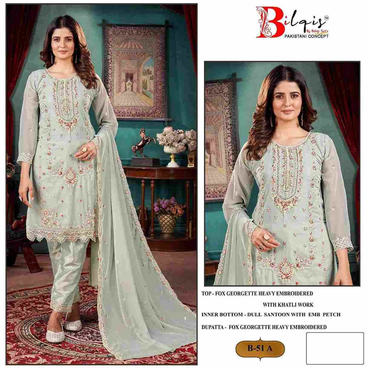 Bilqis 51 Colours By Bilqis 51-A To 51-D Series Beautiful Pakistani Suits Stylish Fancy Colorful Party Wear & Occasional Wear Faux Georgette Embroidery Dresses At Wholesale Price