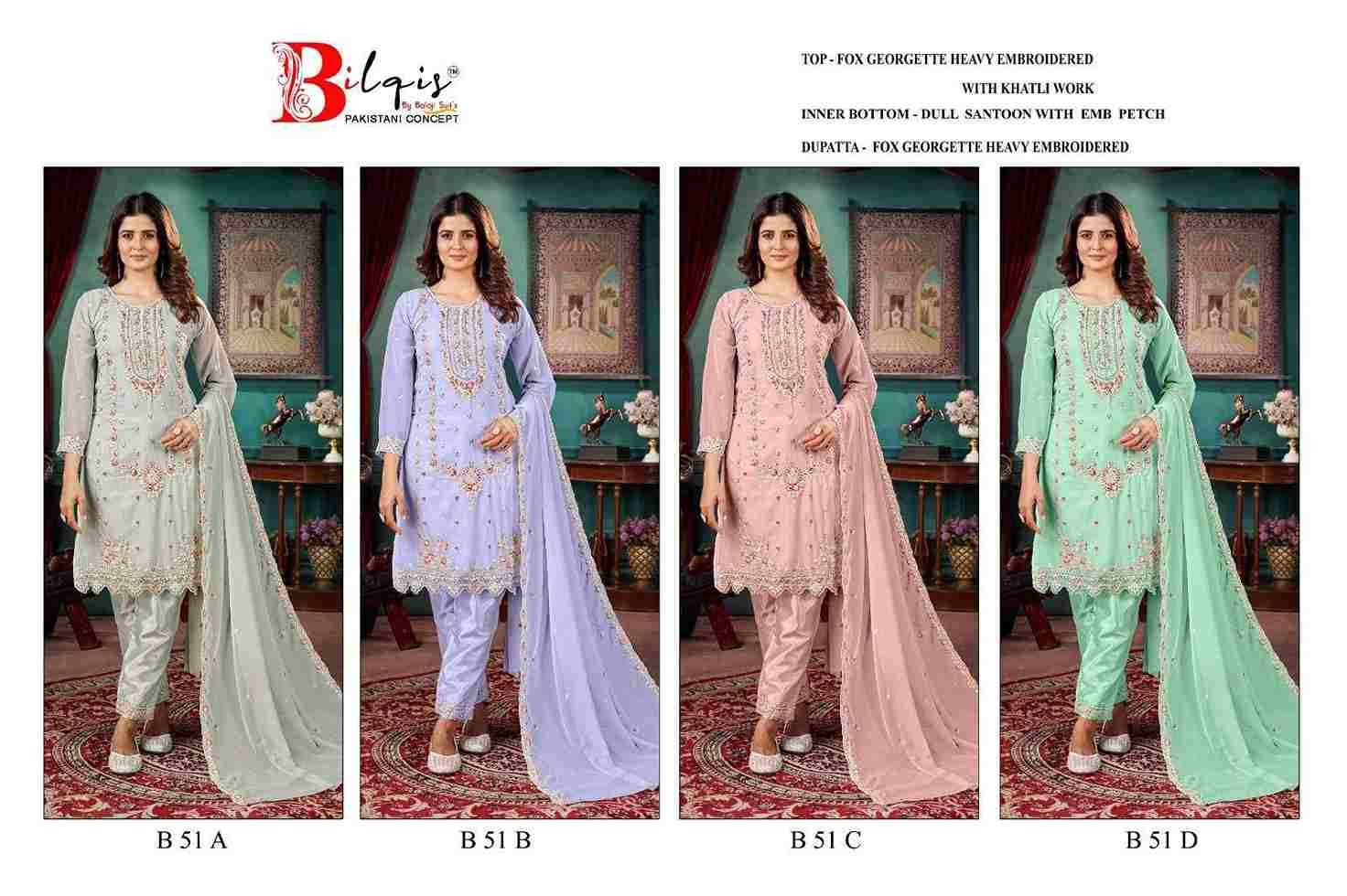 Bilqis 51 Colours By Bilqis 51-A To 51-D Series Beautiful Pakistani Suits Stylish Fancy Colorful Party Wear & Occasional Wear Faux Georgette Embroidery Dresses At Wholesale Price