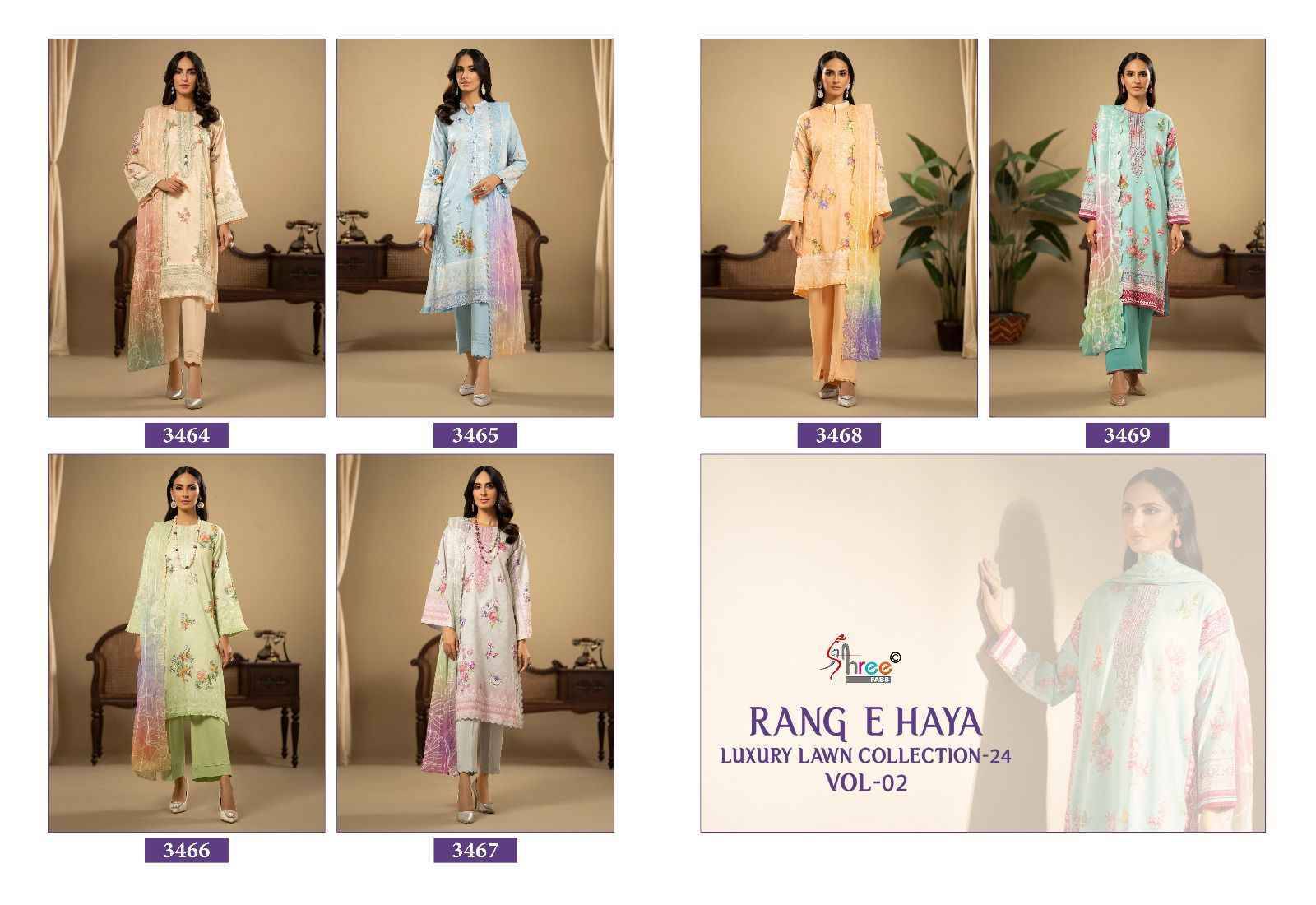 Rang E Haya Luxury Lawn Collection-24 Vol-2 By Shree Fabs 3464 To 3469 Series Beautiful Pakistani Suits Stylish Fancy Colorful Party Wear & Occasional Wear Pure Cotton With Embroidery Dresses At Wholesale Price
