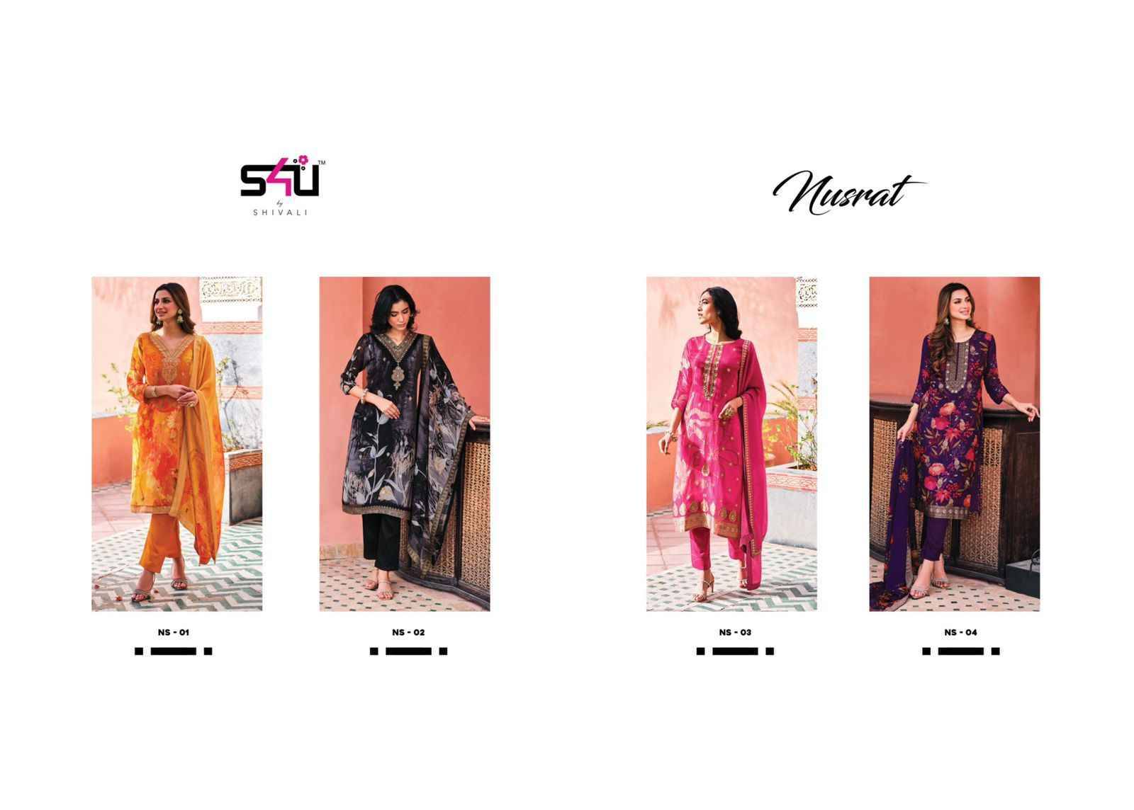 Nusrat By S4U Fashion 01 To 04 Series Designer Festive Suits Beautiful Fancy Colorful Stylish Party Wear & Occasional Wear Organza With Work Dresses At Wholesale Price