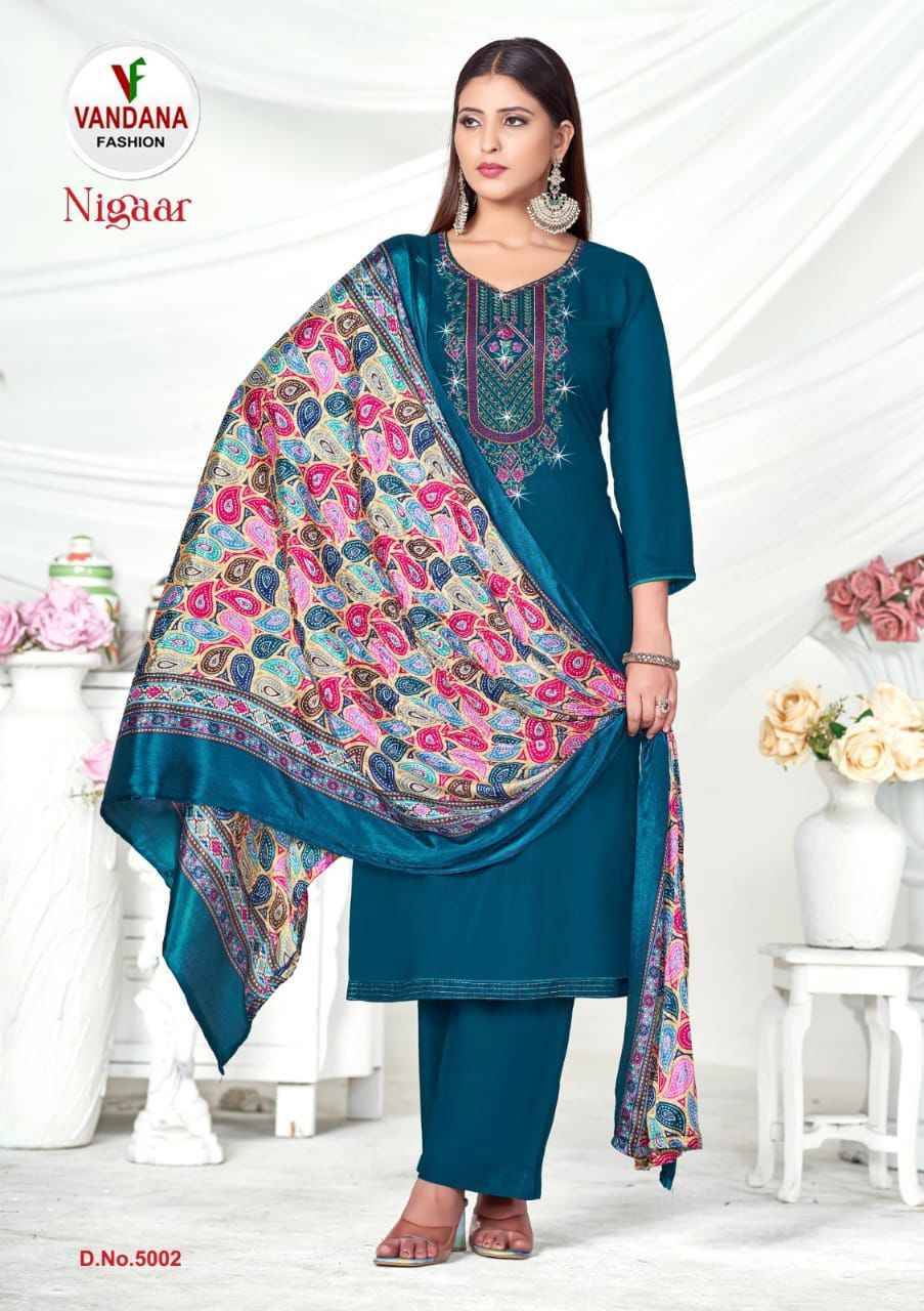 Nigaar Vol-5 By Vandana 5001 To 5008 Series Beautiful Festive Suits Stylish Fancy Colorful Casual Wear & Ethnic Wear Heavy Rayon Slub Print Dresses At Wholesale Price