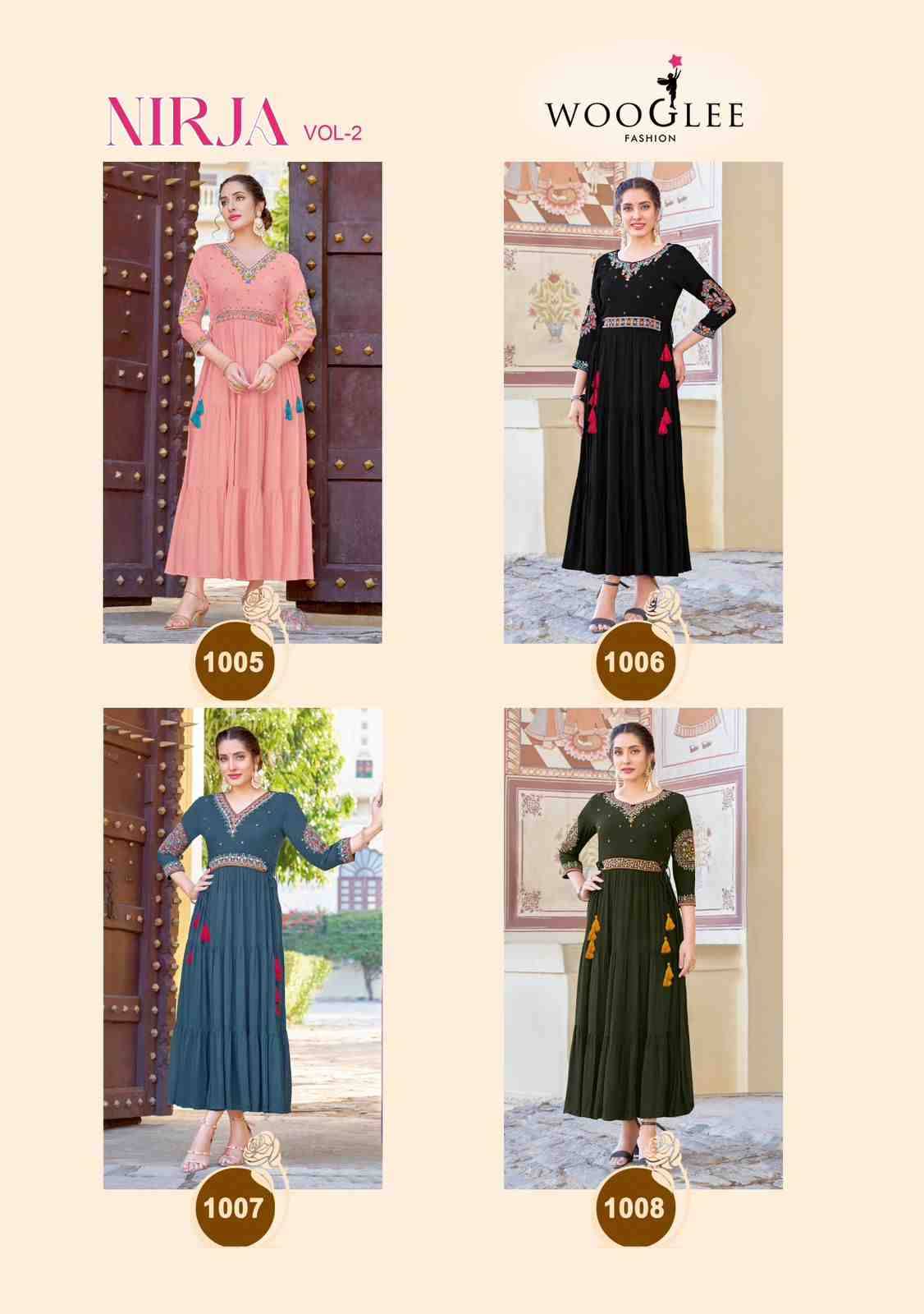 Nirja Vol-2 By Wooglee 1005 To 1008 Series Designer Stylish Fancy Colorful Beautiful Party Wear & Ethnic Wear Collection Rayon Embroidered Kurtis At Wholesale Price