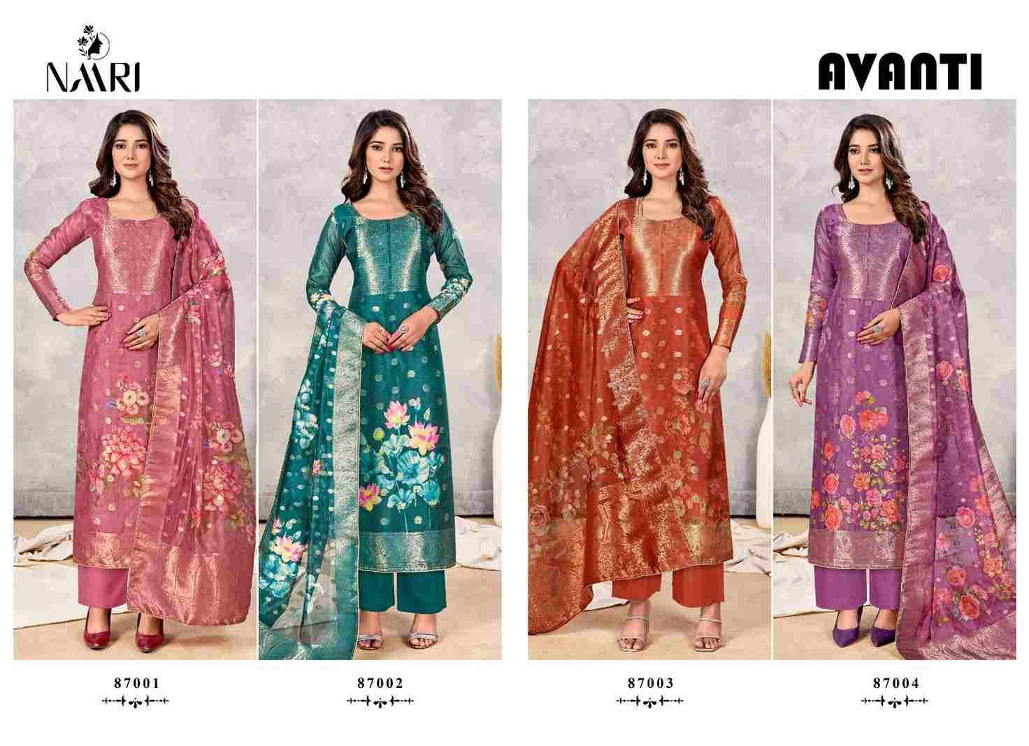 Avanti By Naari 87001 To 87004 Series Beautiful Stylish Festive Suits Fancy Colorful Casual Wear & Ethnic Wear & Ready To Wear Viscose Organza Jacquard Print Dresses At Wholesale Price