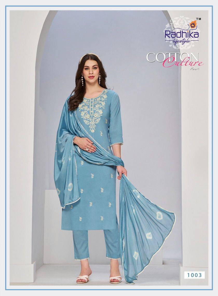 Cotton Culture Vol-1 By Radhika Lifestyle 1001 To 1006 Series Beautiful Festive Suits Colorful Stylish Fancy Casual Wear & Ethnic Wear Pure Cotton With Work Dresses At Wholesale Price