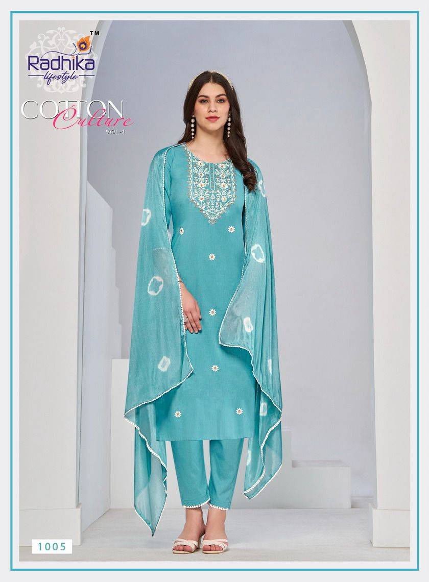 Cotton Culture Vol-1 By Radhika Lifestyle 1001 To 1006 Series Beautiful Festive Suits Colorful Stylish Fancy Casual Wear & Ethnic Wear Pure Cotton With Work Dresses At Wholesale Price