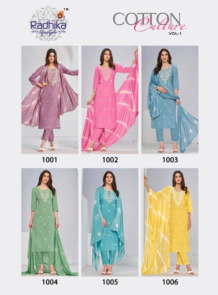 Cotton Culture Vol-1 By Radhika Lifestyle 1001 To 1006 Series Beautiful Festive Suits Colorful Stylish Fancy Casual Wear & Ethnic Wear Pure Cotton With Work Dresses At Wholesale Price