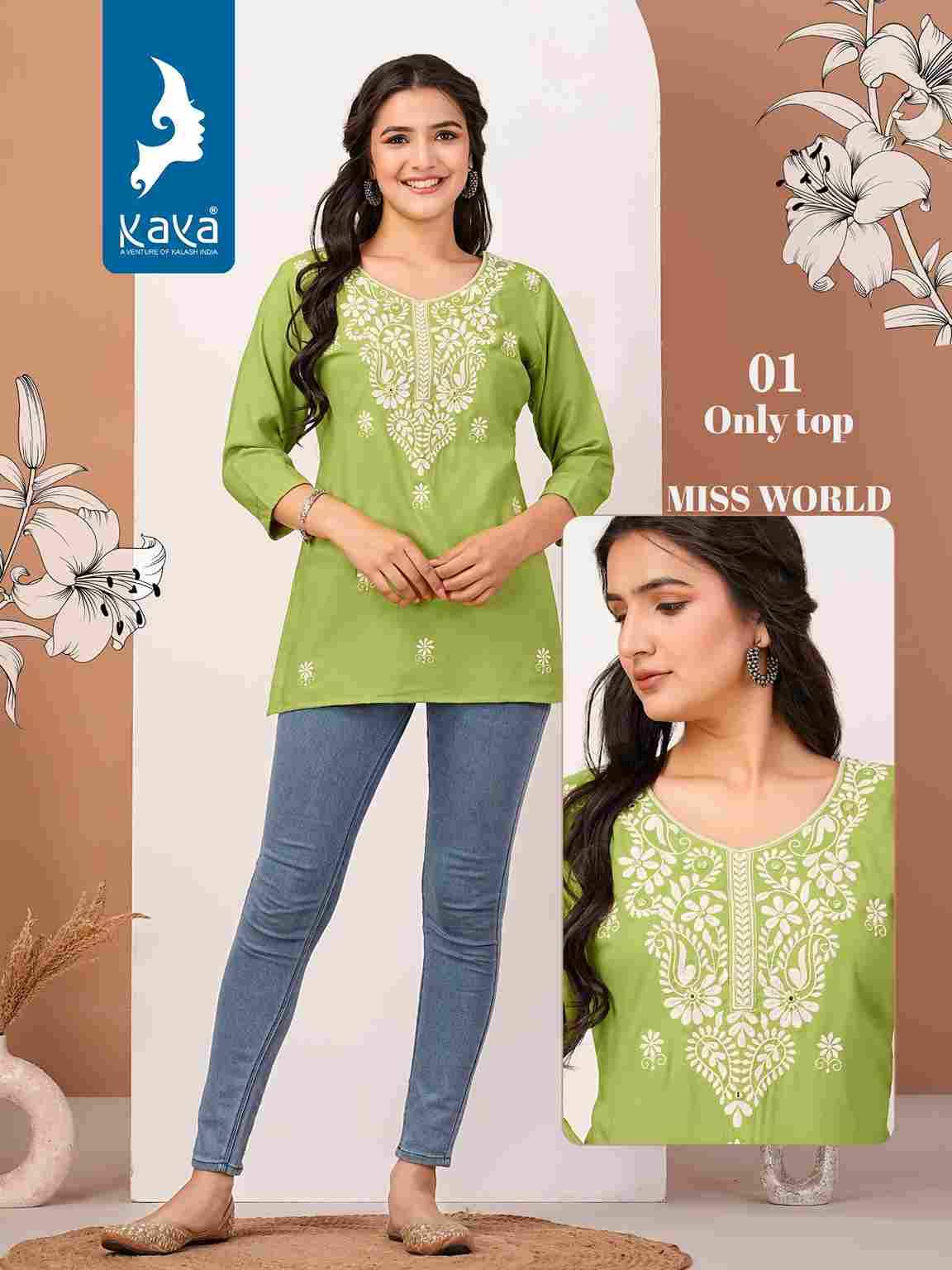Miss World By Kaya 01 To 06 Series Designer Stylish Fancy Colorful Beautiful Party Wear & Ethnic Wear Collection Rayon With Work Tops At Wholesale Price