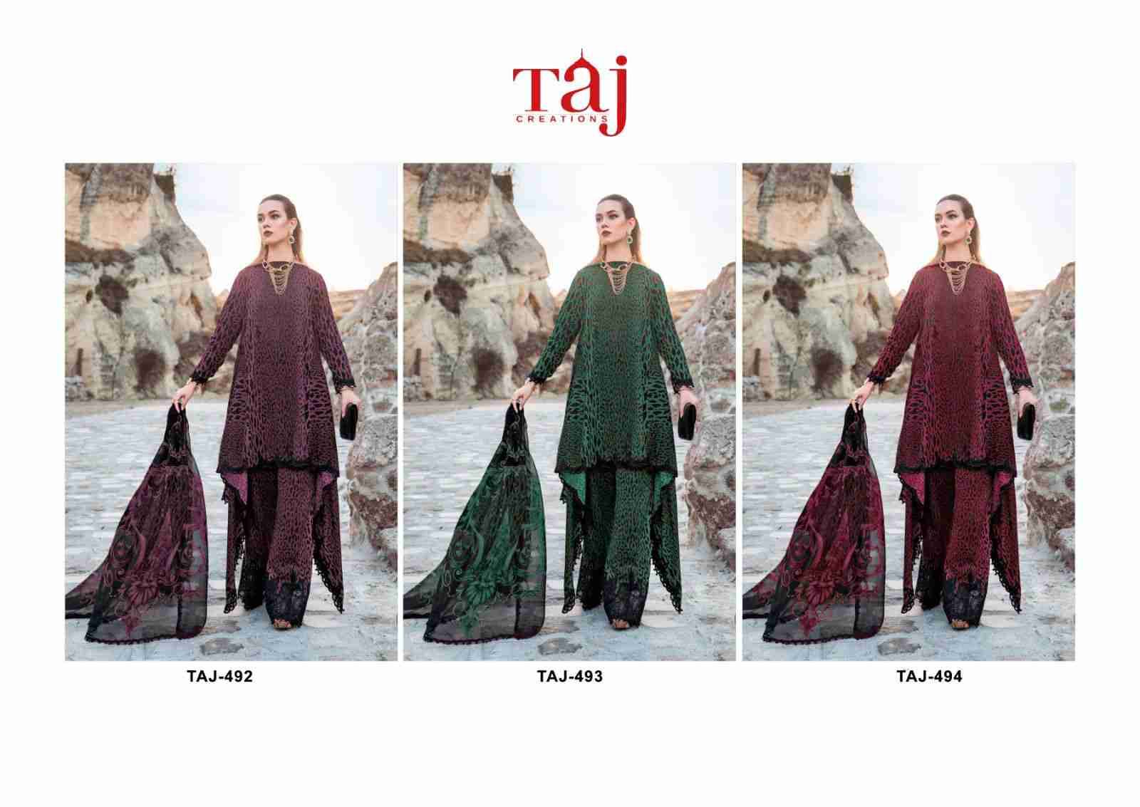 Taj 492 Series By Taj Creation 492 To 494 Series Beautiful Pakistani Suits Colorful Stylish Fancy Casual Wear & Ethnic Wear Pure Cotton With Embroidered Dresses At Wholesale Price