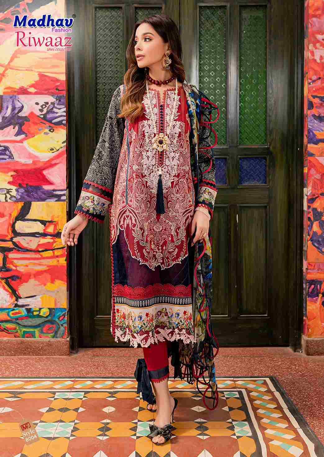 Riwaaz Vol-8 By Madhav Fashion 8001 To 8006 Series Beautiful Stylish Suits Fancy Colorful Casual Wear & Ethnic Wear & Ready To Wear Pure Lawn Cotton Dresses At Wholesale Price